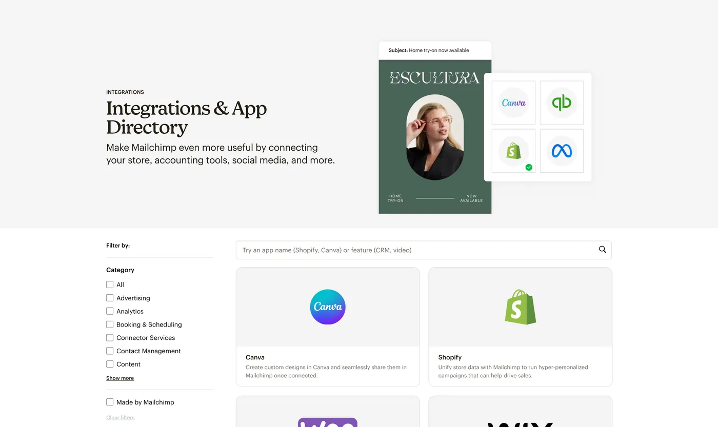 Mailchimp integrations and app directory listings