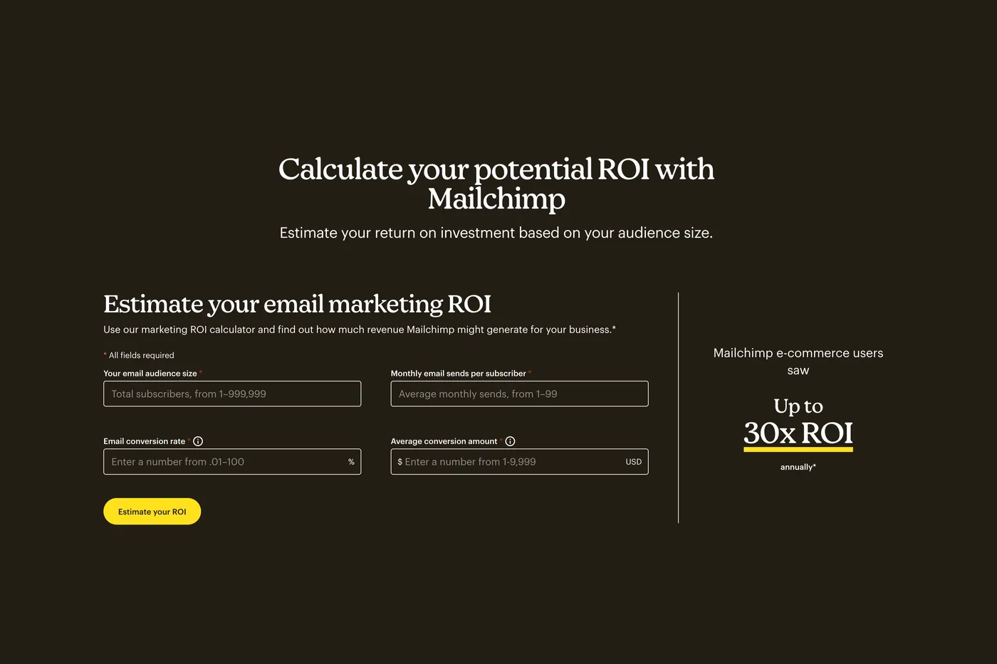 Mailchimp email marketing ROI calculator tool