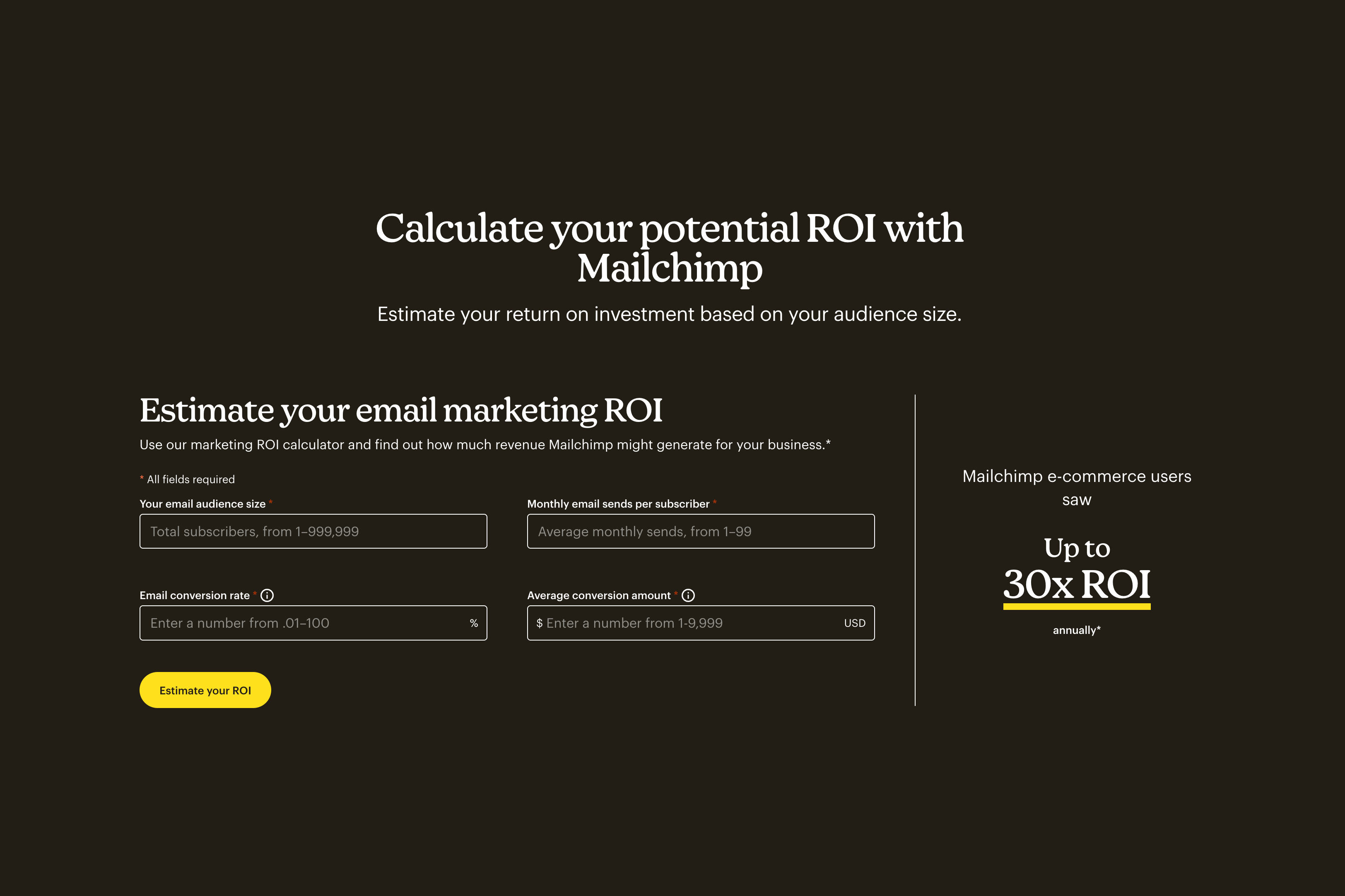 Mailchimp email marketing ROI calculator tool
